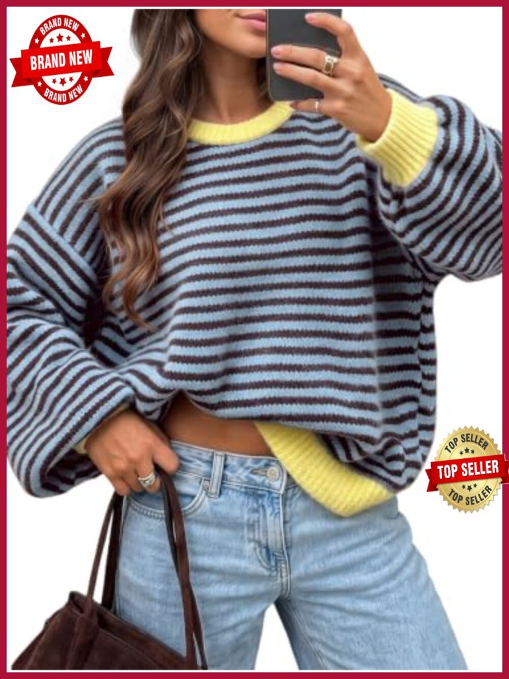 Women's Oversized Striped Pullover Sweater Contrast Trim Crew Neck